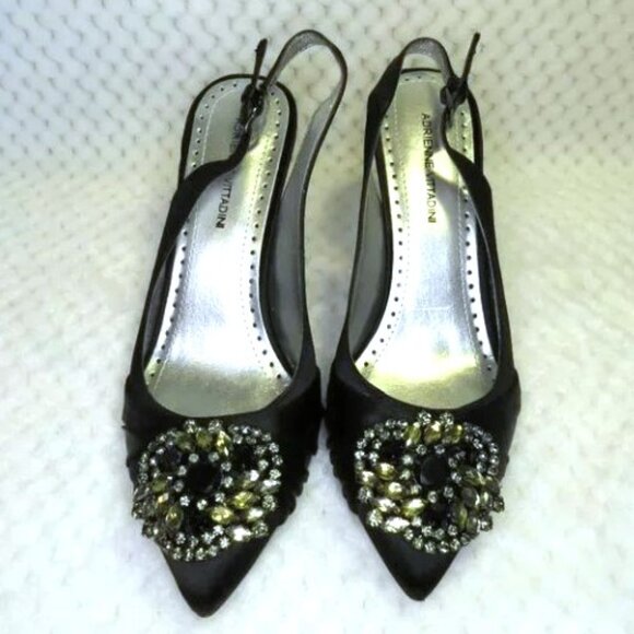 Adrienne Vittadini Black Satin Rhinestone Brooch Slingback Heels Size 7M - Picture 2 of 11